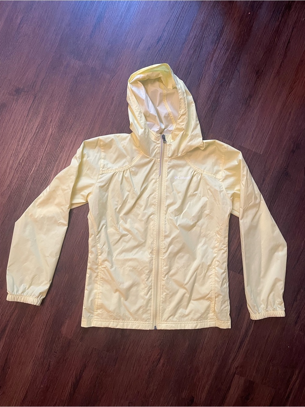 Columbia Girls (14/16) LARGE Yellow Hooded Windbreaker Jacket Full Zip Pockets